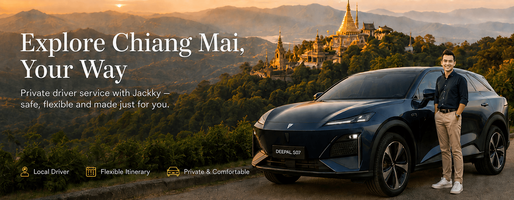 Chiang Mai Private Driver Jackky with Deepal S07 at a mountain viewpoint