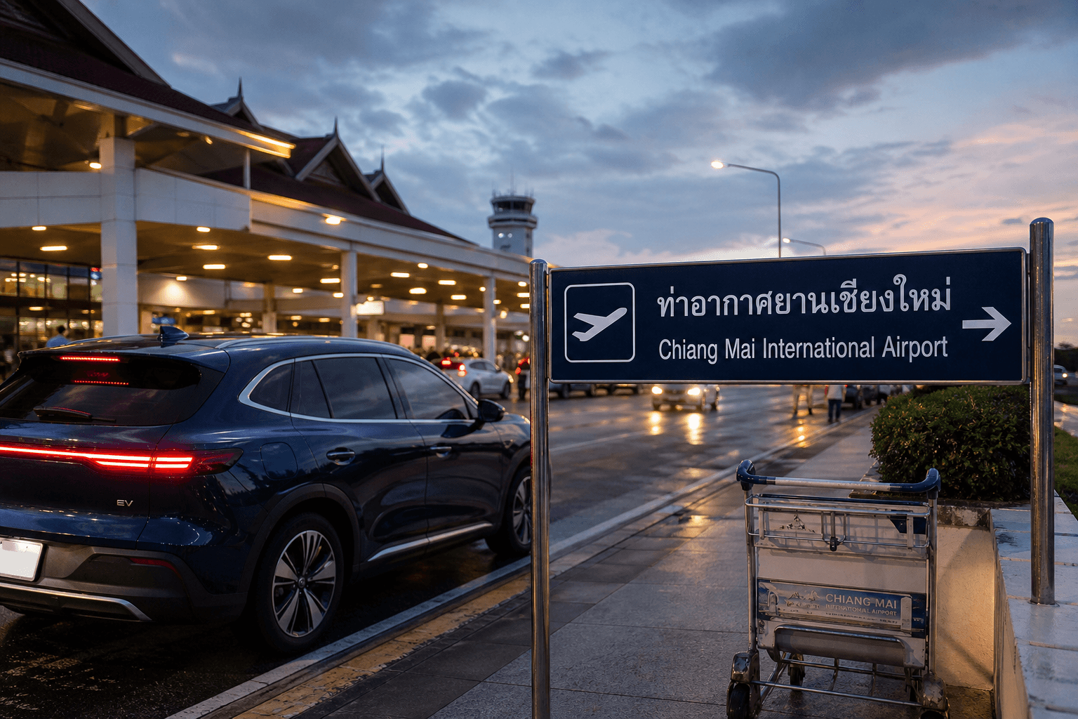 Private EV at Chiang Mai International Airport with ท่าอากาศยานเชียงใหม่ sign