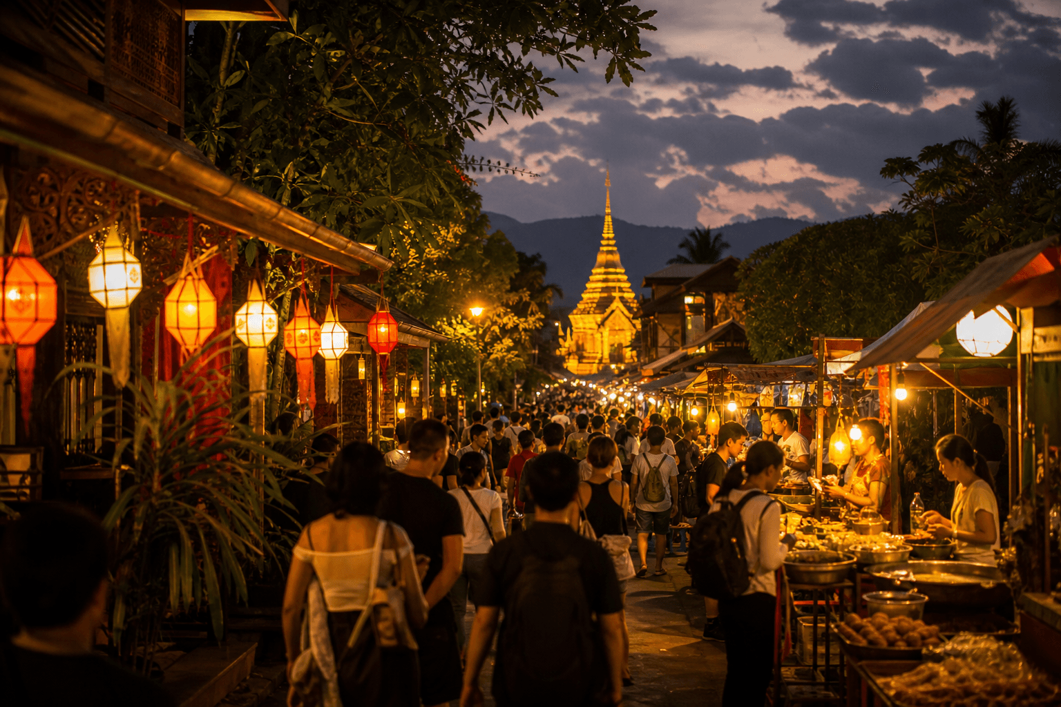 Chiang Mai night market with warm lantern lights