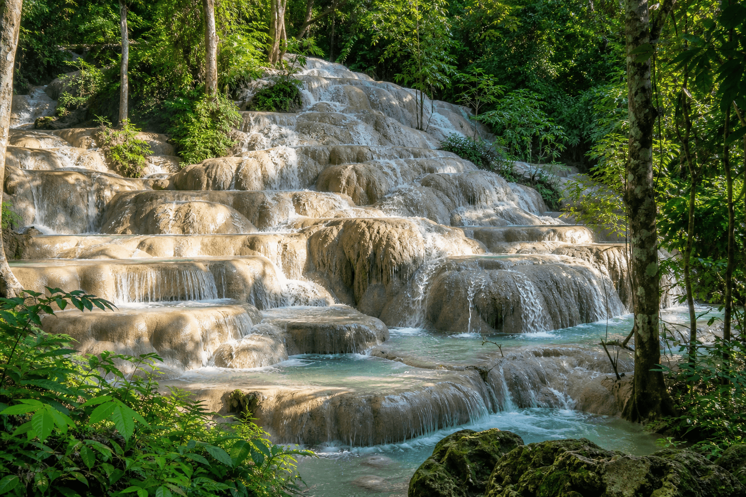 Multi-level cascading limestone falls and turquoise pools at Bua Tong