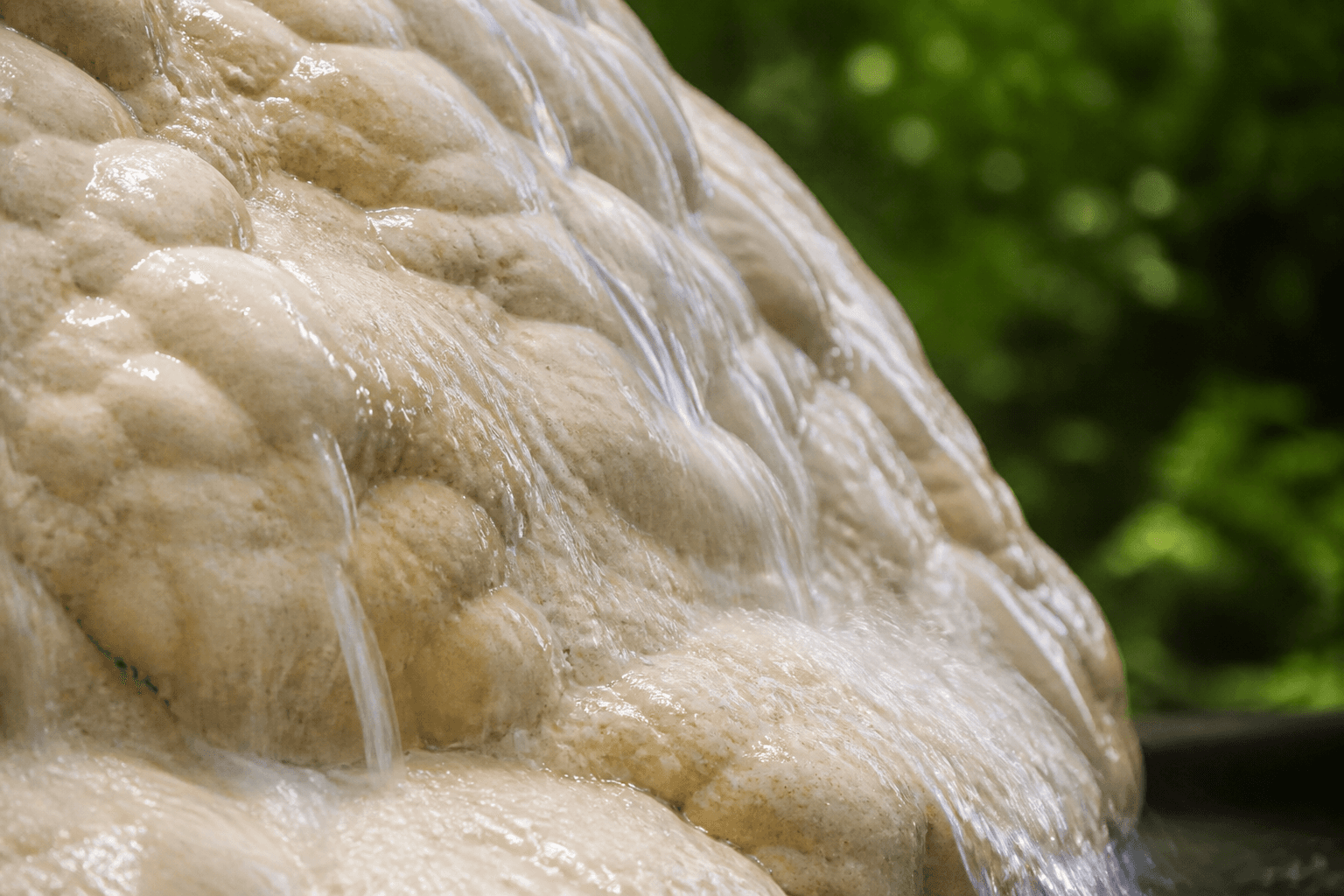 Close-up of sticky limestone texture with clear water flowing over it