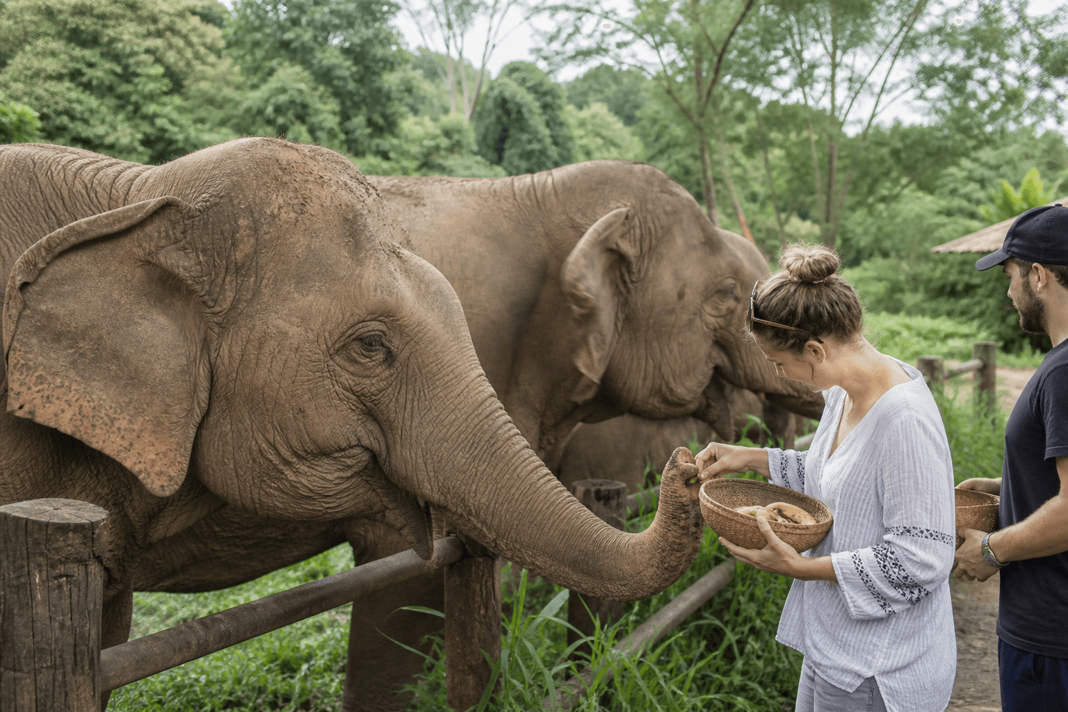 Travelers with elephants at Mae Rim sanctuary